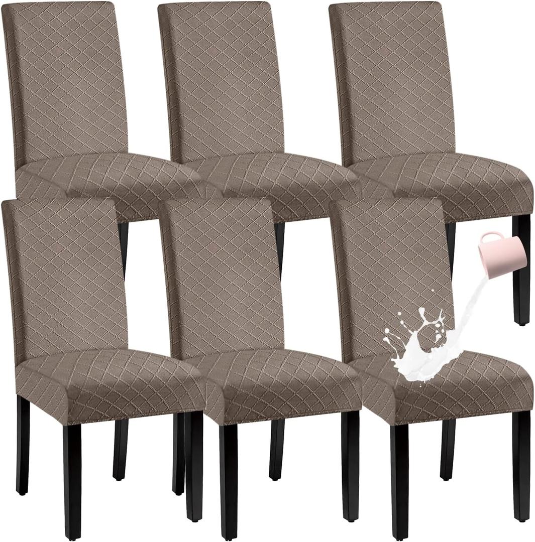 Waterproof Dining Chair Cover, Spandex Fabric Fit Stretch Chair Slipcover, Removable Washable Jacquard Parsons Chair Covers (Taupe, Set of 6)