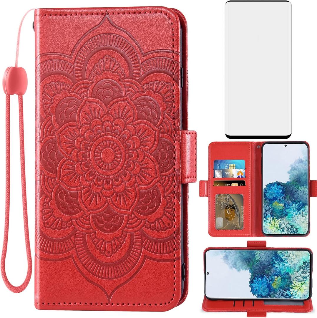 Asuwish Compatible with Samsung Galaxy S20 Plus Glaxay S20+ 5G Wallet Case and Tempered Glass Screen Protector Flip Card Holder Cell Phone Cover for Gaxaly S20+5G S20plus 20S + S 20 20+ G5 Women Red