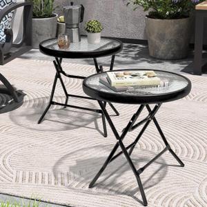 Foldable Patio Side Table Set of 2 with Tempered Glass Top 18" Folding Outdoor Side Tables Set of 2 Small Glass Patio End Tables for Porch Yard Balcony Deck Lawn Dining Garden (Black)