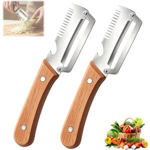 2Pcs Multifunctional Vegetable Peeler,Zero Snag Wooden Peeler,Zero Snag Wooden Kitchen Tool with Bottle Opener,3 in 1 Kitchen Gadgets Stainless Steel Peelers for Fruit Veggie