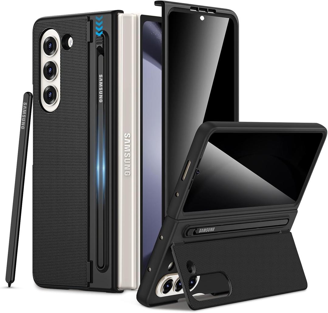 Maxdara for Z Fold 5 Case with S Pen Holder, with [Privacy Screen Protector] [Hidden Foldable Kickstand] Hard PC Shockproof Slim Phone Cover for Galaxy Z Fold 5 5G, Black (Privacy Screen)