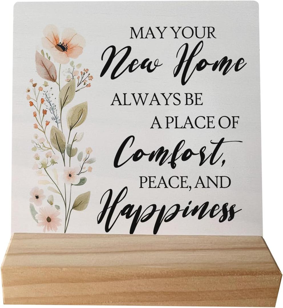 New Home Blessing Wooden Desk Sign Decor, Housewarming Gifts for Women, May Your New Home Always Be Comfort Peace Wood Plaque Sign for Bedroom Living Room Desk Table Shelf Decorations