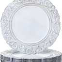 12 Pcs Plastic Charger Plates 13" Round Antique White Gold with Engraved Baroque Rim Vintage Disposable Decorative Chargers for Wedding Party Events