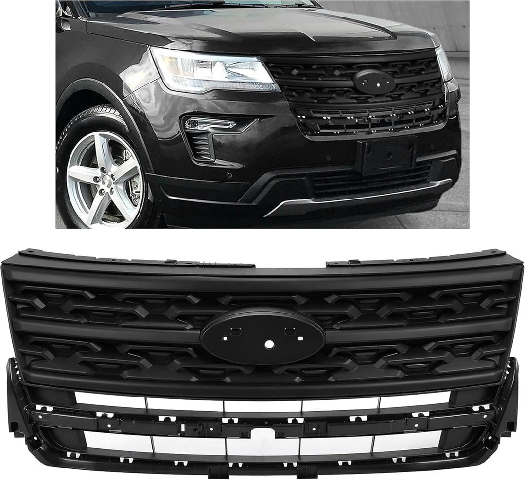 HECASA Grille Compatible with 2018-2019 Ford Explorer Base/Limited/Platinum/Sport/XLT Sport Utility 4-Door Front Bumper Upper Hood Grill Shell Painted Black Replacement for FO1200625