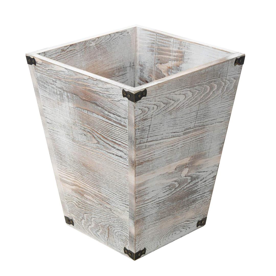 Rustic Whitewashed Torched Wood Square Waste Basket Recycle Bin Trash Can Decorative Metal Brackets Whitewashed Wooden Garbage Container Ash Holder Bedroom Living Room Home Office