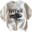 Women's Graphic Letter Tee Crew Neck Drop Shoulder Trendy Summer T Shirt Short Sleeve Vintage Car Print Top (XX-Small, White)