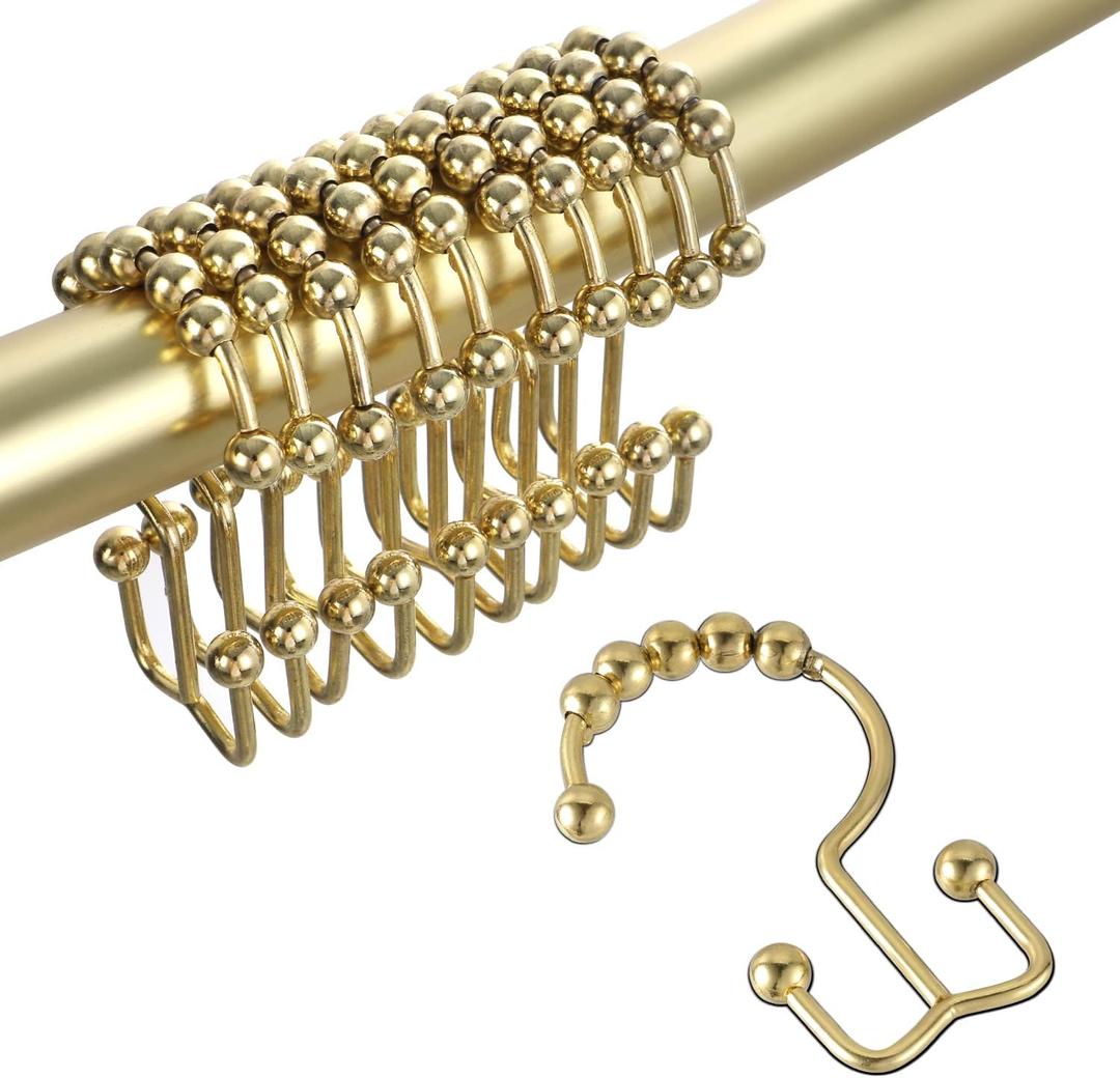 Shower Curtain Hooks Rings, Double Sided Shower Curtain Hooks, Stainless Steel Shower Hooks Rust Proof for Bathroom Shower Curtain Rod Curtains, Free Gliding, Gold, Set of 12