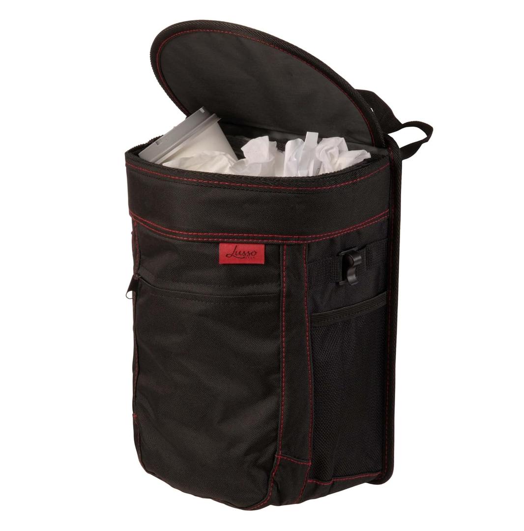 Car Trash Can - Hanging Leakproof Garbage Bin - 2.5 Gallon Car Organizer with Liner & Pockets - Black with Red Stitching - Universal Fit for Auto, Truck, SUV