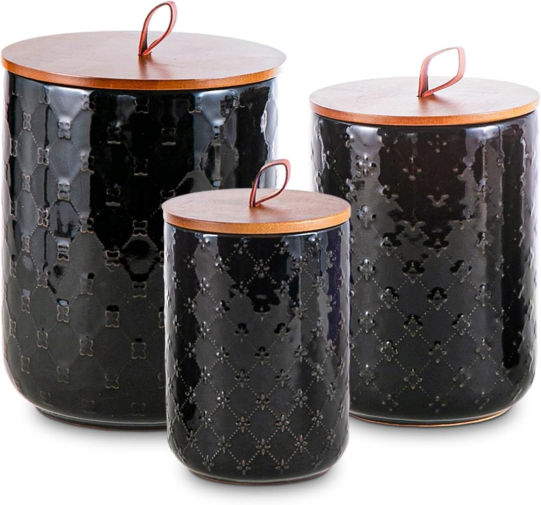 Ceramic Canisters Set with Airtight Lids, 82/48/30 oz Coffee Canisters Sets for the Kitchen, Black Large Jars for Flour, Sugar, Pasta, Coffee, Cookies, Tea - Set of 3, Embossed Pattern