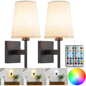 Battery Operated Wall Sconces Set of Two,Battery Operated Wall Lights with Remote, Fabric RGB Color Changing Dimmable Wall Lamp for Bedroom Living Room, Easy to Install (Color : Black)