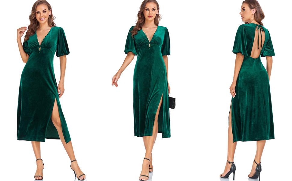 Aigeman Women's Sexy V Neck Backless Velvet Maxi Dress Lantern Puff Sleeves Side Slit Velvet Cocktail Party Dress, Size: Small, Green Aigeman Women's Sexy V Neck Backless Velvet Maxi Dress Lantern Puff Sleeves Side Slit Velvet Cocktail Party Dress, Size: Small, Green
