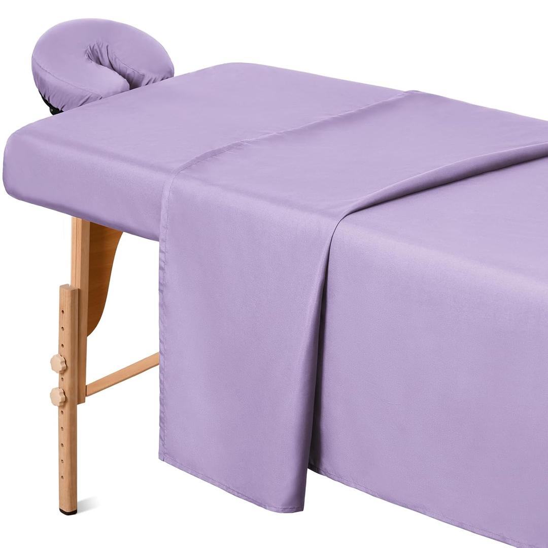 Comfyanno Massage Table Sheets Sets, 3 Pcs Professional Microfiber Massage Bed Cover Sheets, Soft, Light-Weight, Stain & Wrinkle Resistant, Includes Flat & Fitted Sheet, Face Cradle Cover - Lavender