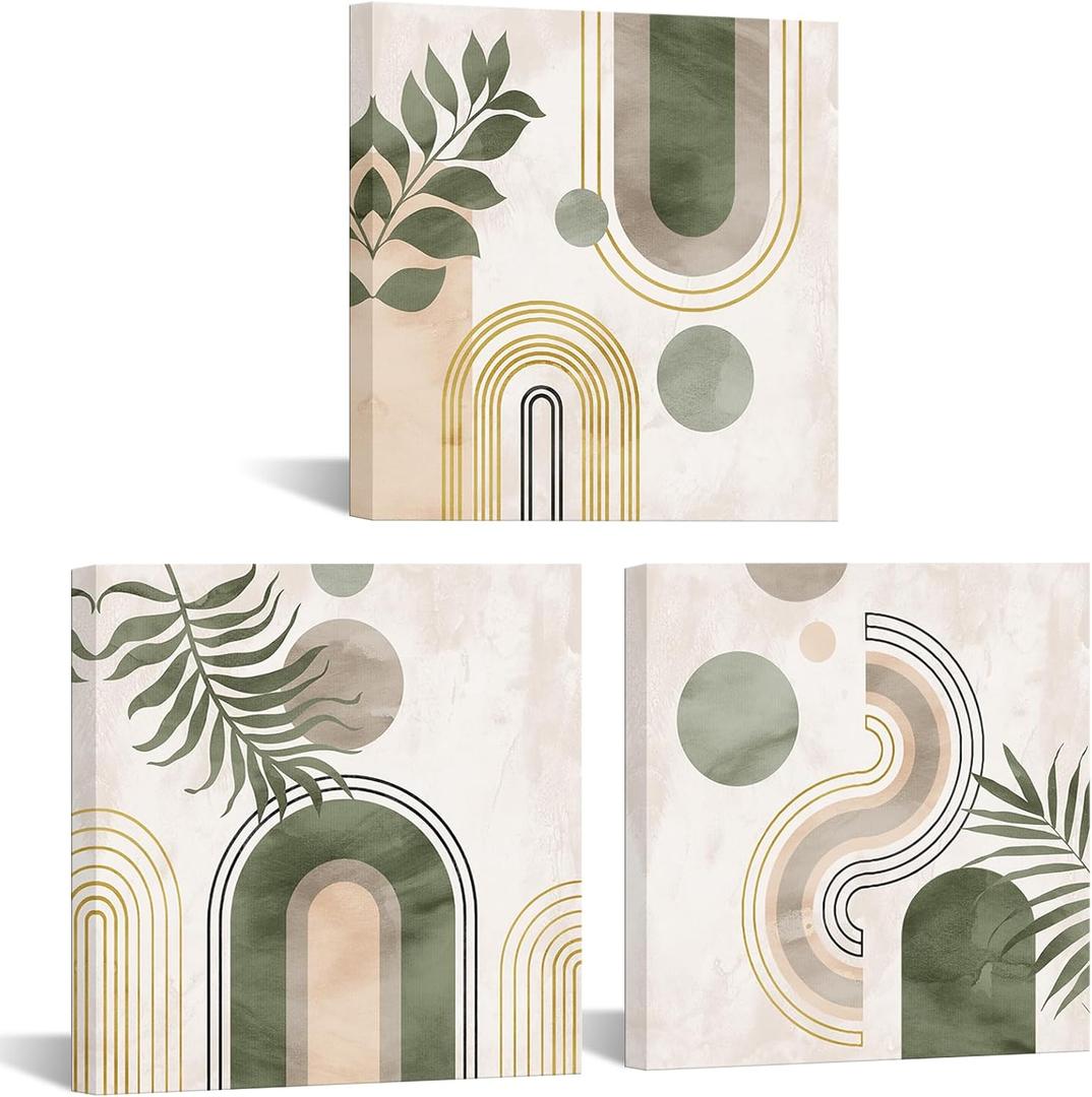 WELMECO Boho Wall Art Decor Minimalist Wall Art Pictures Canvas Prints Mid Century Modern Home Decor, Framed Ready to Hang, Set of 3 Piece 12inx12in (Green)