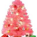 PREXTEX Table Top Christmas Tree - 23 Inch Mini Pink Flocked Christmas Tree with LED Lights, Hanging Ornaments, Gift Boxes, and Star Topper - Small Tabletop Holiday Decor for Indoor and Outdoor Use
