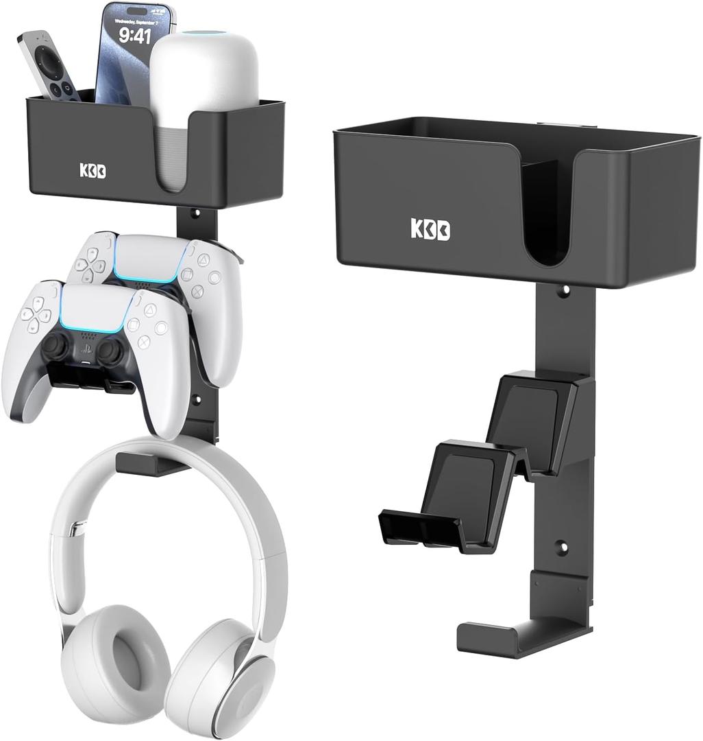 KDD 4-in-1 Wall Mount Controller Holder - Dual Game Controller and Headphone Hanger with Anti-Slip Pads for Xbox ONE/X Series/PS5/PS4 - Detachable Desk Storage for Media Remote, Phone and Speaker