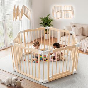 Foldable Wooden Playpen,Natural, 53 x 30 x 23.6 inches