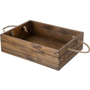 MyGift 15 Inch Large Rustic Brown Solid Wood Decorative Storage Box with Rope Carrying Handles, Country Style Wooden Crate, Farmhouse Pallet Design Open Top Bin