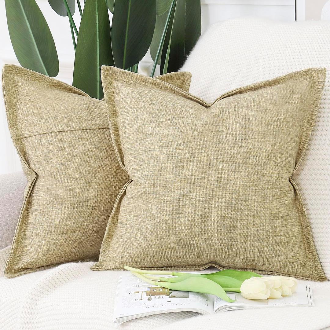 MADIZZ Pack of 2 Faux Rustic Linen Throw Pillow Covers with Flange Edge Soft Boho Natural Decorative Pillowcases for Sofa Living Room Modern Throw Pillows for Bed 18x18 Inch Khaki