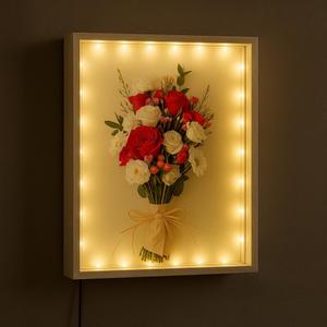 Dried Flowers Shadow Box with LED Light Changeable Picture Display & Storage Frame Wall-mounted Artwork Display Frame (Red Plum)
