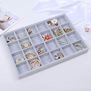 STYLIFING Jewelry Organizer Tray 24 Grids, Jewelry Display Case Stackable Velvet Jewelry Tray Ring Earring Necklace Storage Holder for Women, Grey