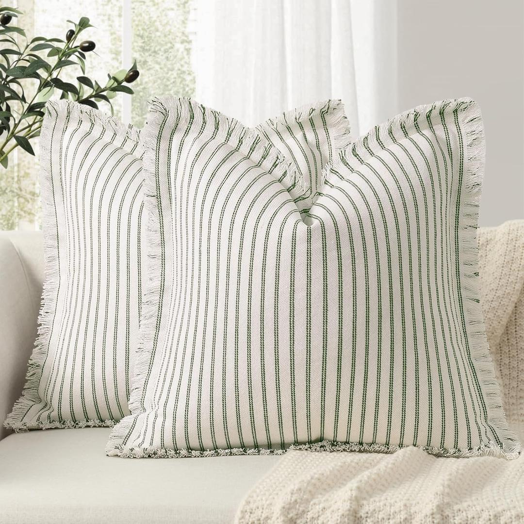 ZWJD Throw Pillow Covers 20x20 Set of 2 Striped Pillow Covers with Fringe Chic Cotton Decorative Pillows Square Cushion Covers for Sofa Couch Bed Living Room Farmhouse Decor (Olive Green)