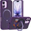 Designed for iPhone 17 Case with 360 Magnetic Stand, Carbon Fiber Phone Case [Compatible with Magsafe] [15FT Military Protection] with Stand Ring 6.3'', Deep Purple