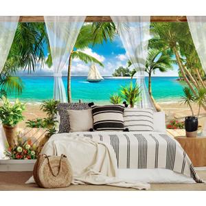 Tropical Beach Seascape Wallpaper Mural Blue Seawater Palm Tree Wall Mural for Bedroom Livingroom(Not Self-Adhesive) (106" x 75")