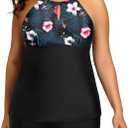 Aqua Eve Women Two Piece Plus Size Tankini Swimsuit with ShortsTummy ControlBathing Suit High Neck Swimwear Black Floral 18W