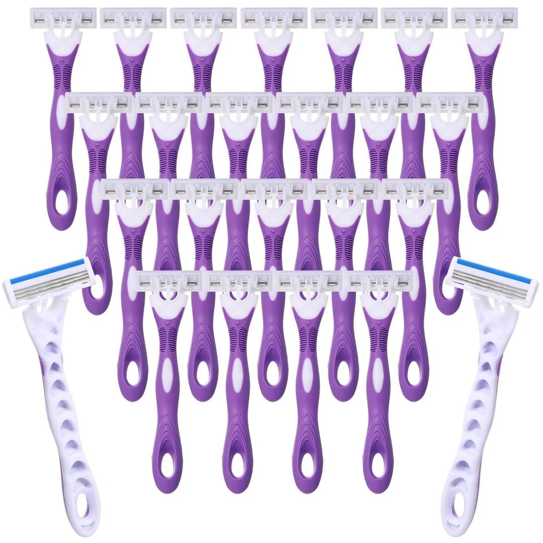 48 Count Women's Disposable Razors Bulk Purple 3 Blade Sensitive Skin Bikini Line Razor for Bathing Hotel Travel