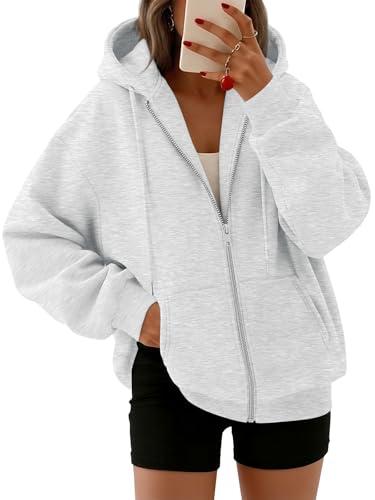 Trendy Queen Womens Zip Up Hoodies Oversized Sweatshirts Fall Fashion Spring Outfits Casual Jackets 2026 Winter Clothes Grey L