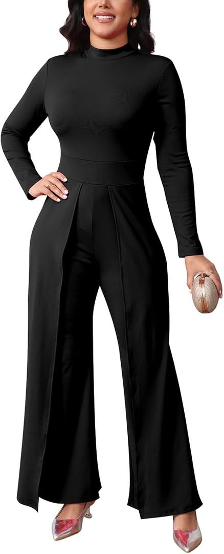 Women's Elegant Long Sleeves Work Loose Wide Leg Pants Clubwear Party Dressy Jumpsuits (Black, XL)