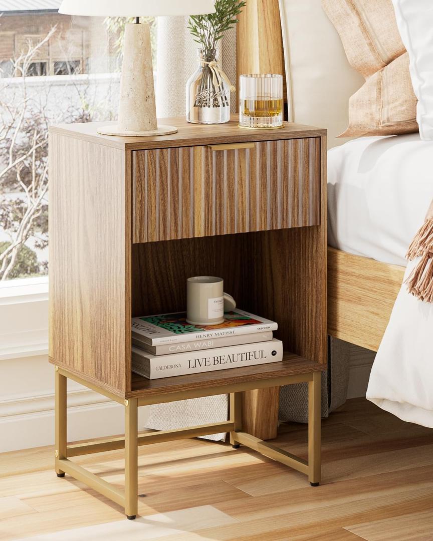 Masupu Fluted Nightstand ,Modern Night Stand Wood Bedside Table with Storage Drawer Side End Table for Bedroom, Living Room, Office, Walnut Brown