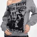 GORGLITTER Women's Off The Shoulder Sweater Gothic Clothes Y2k Graphic Oversized Cozy Chunky Knit Sweaters Streetwear Dark Grey Large (Gray, L)