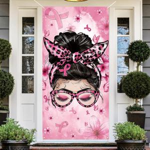 2 x Breast Cancer Awareness Door Cover and Porch Sign Banner - Pink Ribbon Decorations and Supplies for Home