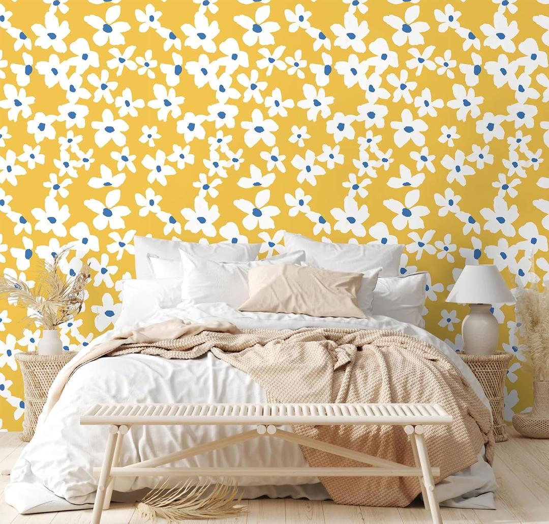 HAOKHOME Yellow Peel and Stick Wallpaper Floral Yellow/White/Blue Removable Wall Paper for Bedroom Bathroom Textured Stick on Contact Paper 17.7in x 32.8ft