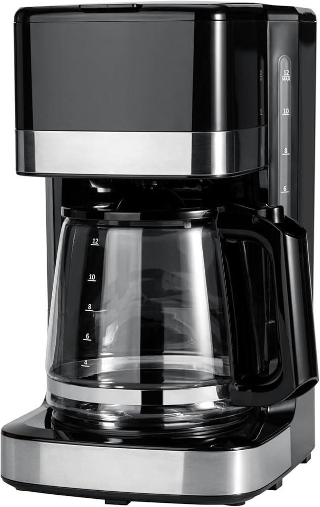 Amazon Basics 12 Cup Drip Coffee Maker, Coffee Machine with Glass Coffee Pot (1.9 Qt), Auto Shut-off, Auto Pause, Removable Filter Basket, Black & Silver