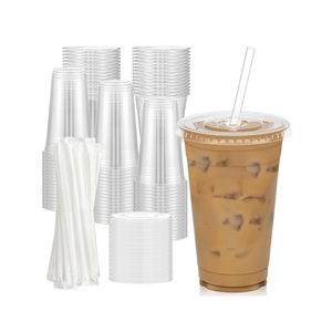 100 Pack - 20 oz Clear Plastic Cups with Lids and Straws, Sturdy & Food Safe Iced Coffee Cups with lids, Disposable Plastic Smoothie Cups for Cold Drinks