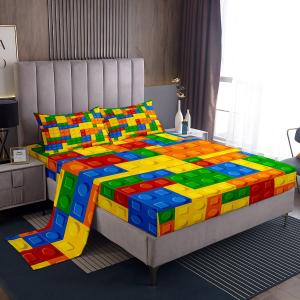 Feelyou Kids Games Bed Sheet Set King Size Color Building Blocks Sheet Set Toy Brick Sheets for Boys Girls Bedroom Nursery Bedding Set with Flat Sheet Fitted Sheet Pillowcase 4Pcs (Multi 945)