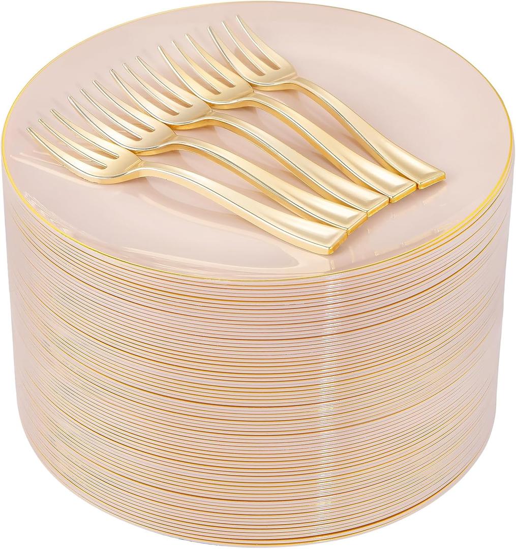 LIYH 200 Pcs Pink Gold Dessert Plates and Forks,Small Cake Plates 7.5 Inch,Party Plate and Forks 5 Inch for Bridal Shower,Birthday Tea Party