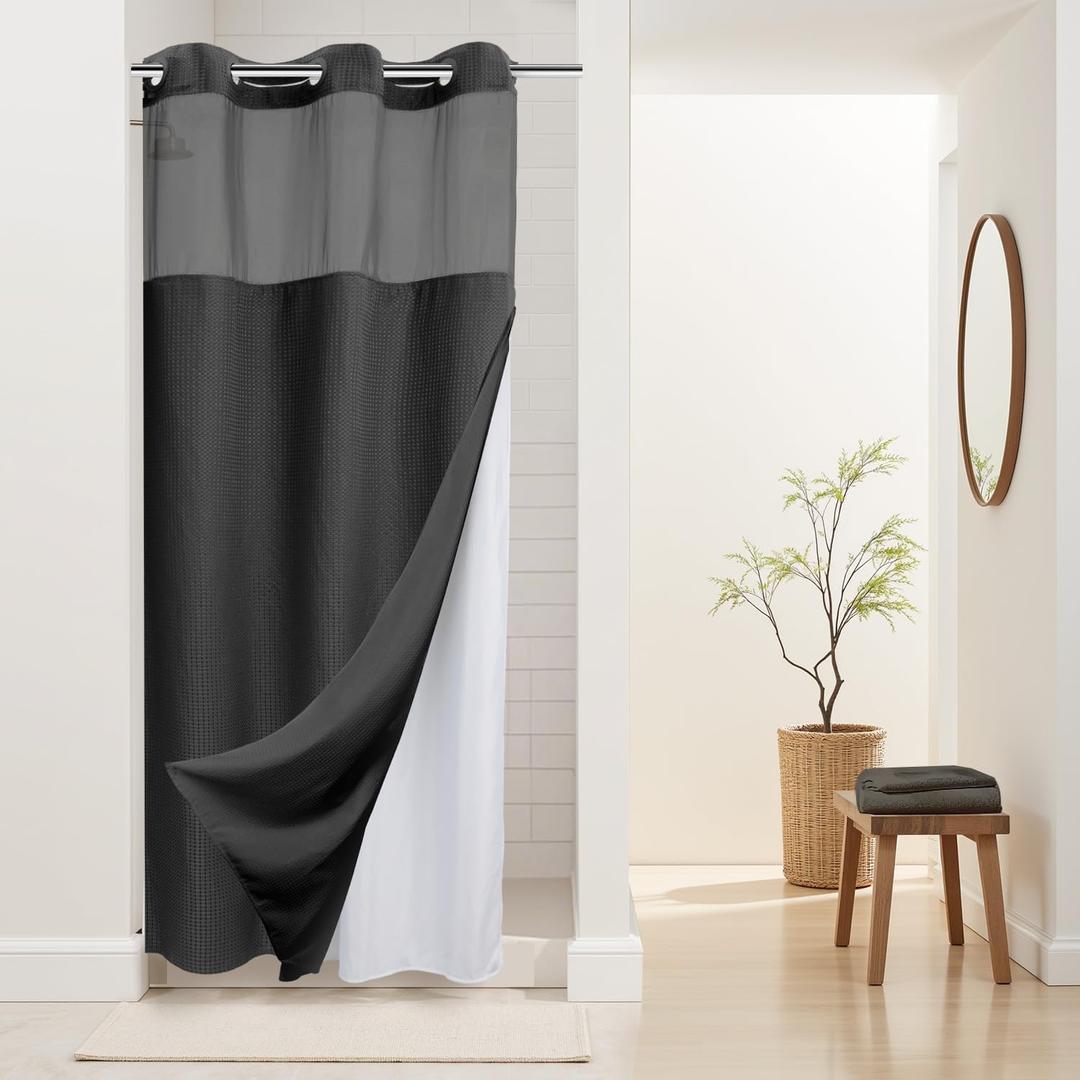 River Dream Stall Heavyweight No Hooks Required Dotted Waffle Weave Shower Curtain with Snap in Liner - 36W x 74H,Hotel Grade,Spa Like Bath Curtain,Graphite Grey