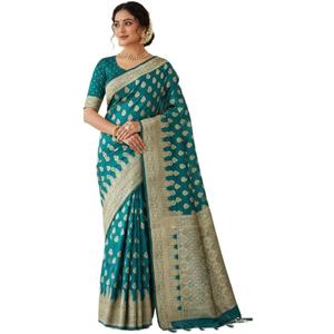 Women Saree with Woven Banarasi Design Traditional Indian Wedding Party Wear Raw Finish Elegant Festive Wear (Green)