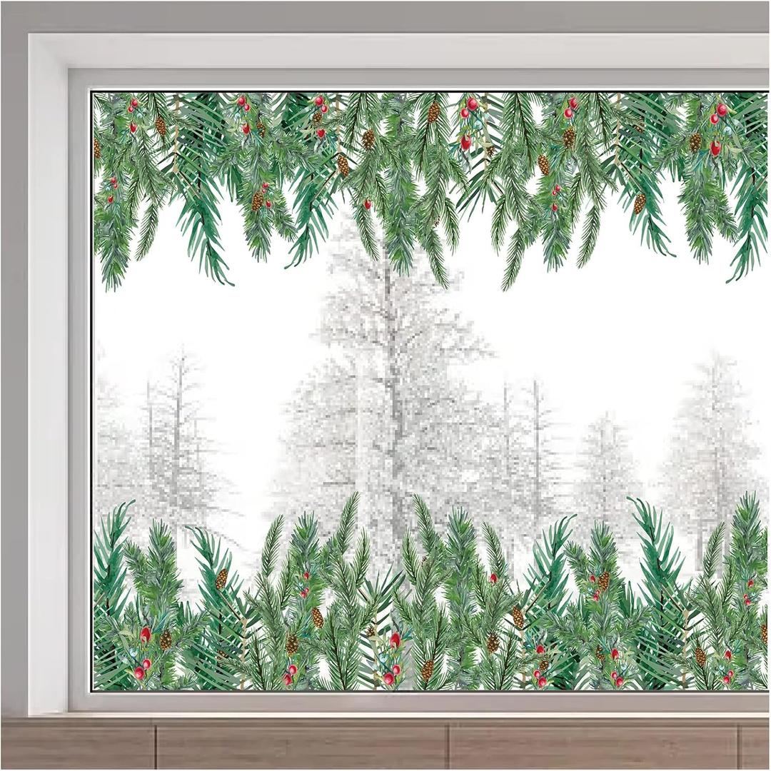 GORGECRAFT Winter Christmas Pine Leaves Window Clings Reusable Xmas Pine Cones Static Non Adhesive Window Sticker Double-Sided Summer Removable Decor Glass Door Covering Film for Stairway Home Office