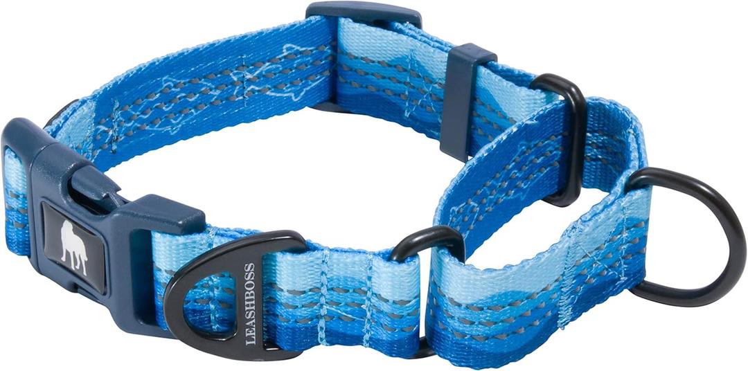 Leash Boss Martingale Collar for Dogs | Reflective Nylon Dog Collar for Large Dogs, Medium and Small Dogs | No Pull Pet Training Collar | Quick Release Buckle, Adjustable Pet Collar (Medium (14.5-17" Neck x 1" Wide), Blue - Wave)