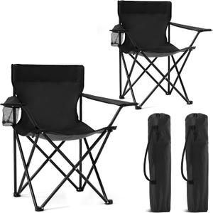 2 Pack Portable Camping Chairs Folding Lawn Chair Outdoor Lightweight Beach Chair with Cup Holder & Carry Bag for Outside Sports, Fishing, Hiking, Travel, Picnic, Backyard (Black-Dark)