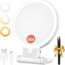 1X/20X Magnifying Mirror with Light, Double Sided Makeup Mirror with Adjustable 3 Color Light, 2000mAh Rechargeable Lighted Magnifying Mirrors with Tweezer, Foldable Travel Mirror with Rotation