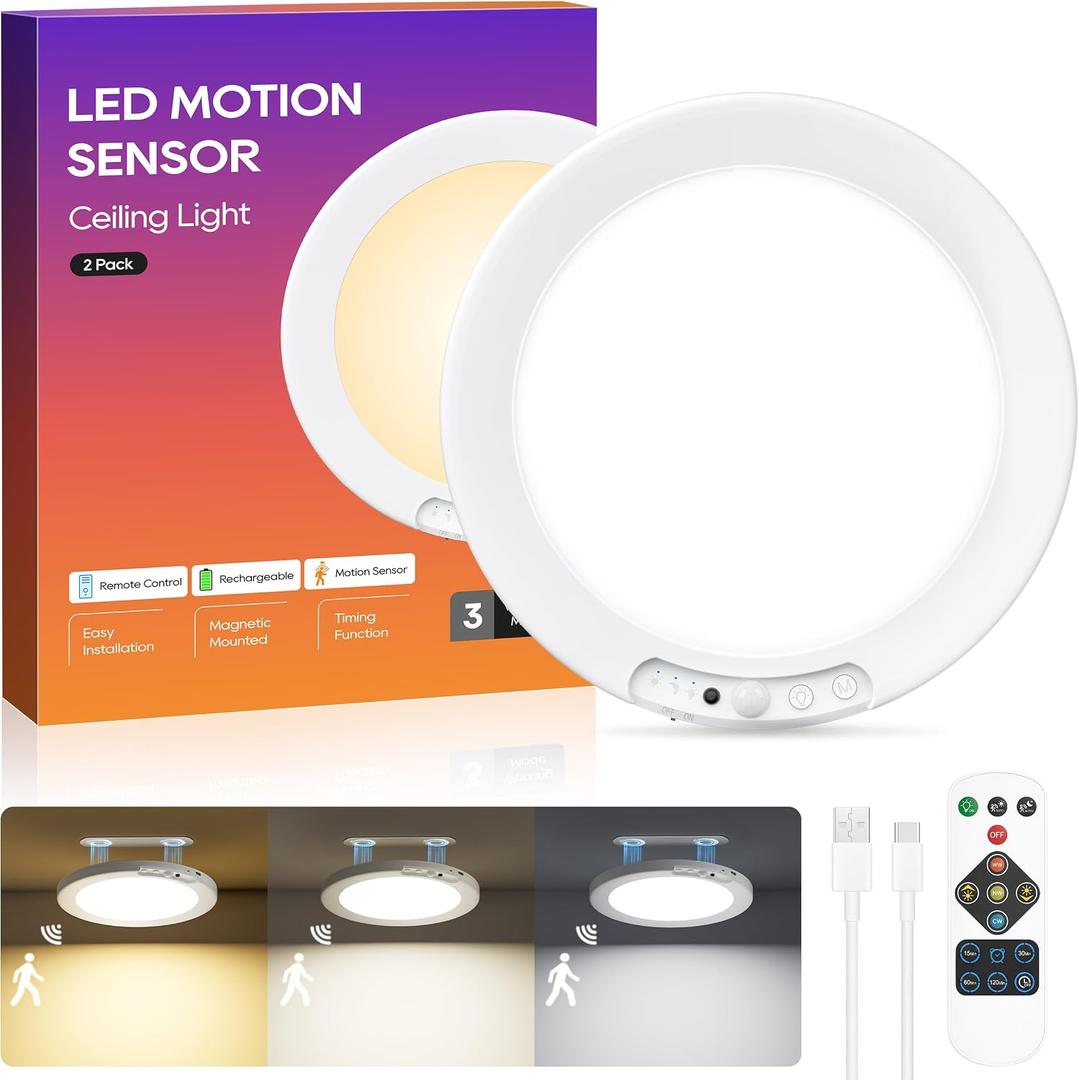 Rechargeable Motion Sensor Ceiling Light, 8000mAh Battery Operated Ceiling Lights with Remote, Magnetic Wireless Closet Light, 3 Color Dimmable LED Lights for Closet Shower Pantry Shed Hallway Stairs