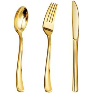 Goodluck 150PCS Gold Plastic Silverware, Gold Utensils Disposable, Plastic Cutlery Set of 50 Forks, 50 Spoons, 50 Knives for Wedding, Party, Birthday, Holidays