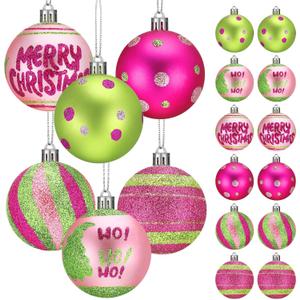 12 Pcs 2.4 Inch Christmas Ball Ornaments for Tree, Xmas Glittering Hanging Bulbs Pink and Green Plastic Pendants Baubles for Christmas Tree Ornaments Xmas Holiday Party Decor Favors