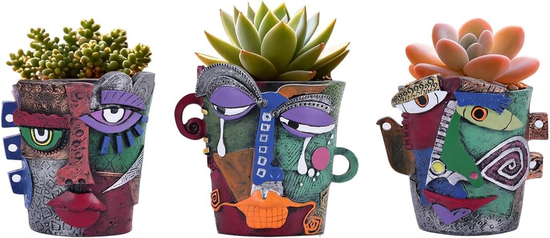 Mini Abstract Face Planter  Small Picasso-Inspired Resin Planter for Succulents, Cacti & Small Plants, Whimsical Decorative Head Planter for Indoor & Outdoor Garden (Set of 3 Small Planters)