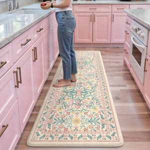 Collive Kitchen Mats for Floor, Cushioned Anti Fatigue Mat Pink Floral Rugs Non Skid Waterproof Sink Rug, Memory Foam Comfort Standing Mat for Office, Laundry, Desk, 2'x6'